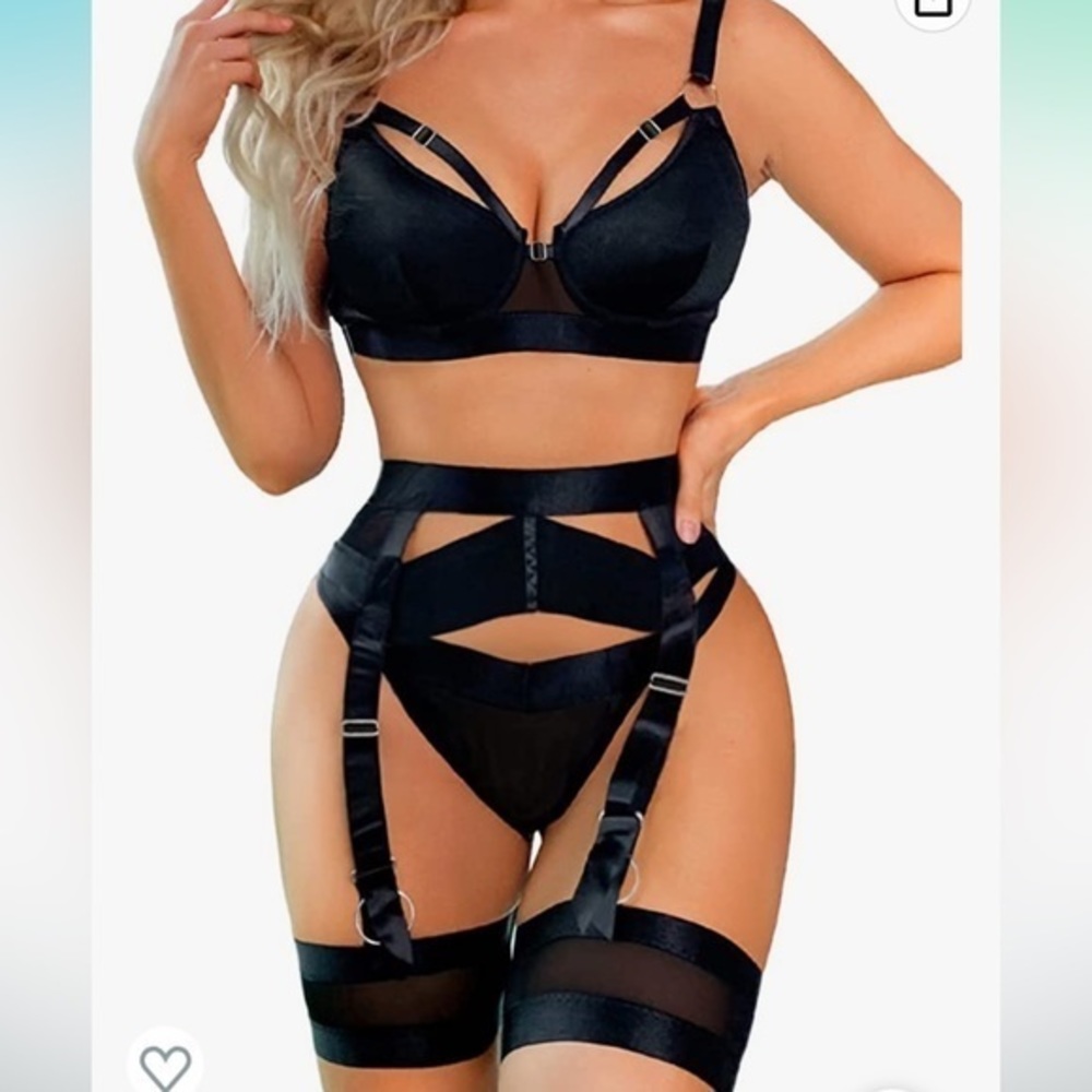 NWT - Kaei & Shi Black Sheer Garter 4 Piece Thong Lingerie Set